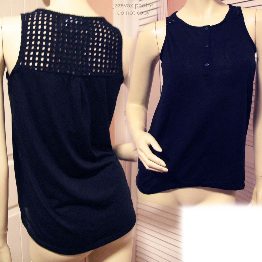 H&M Black Sleeveless Tank Henley Top XS Mesh Net Eyelet Streetwear Casual Wear
